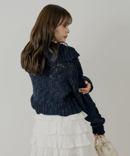 粗針不對稱拉鍊寬鬆針織上衣