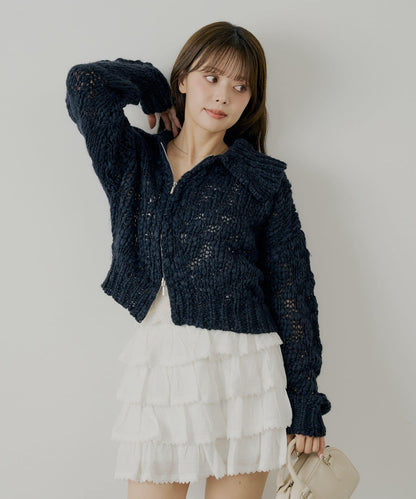 粗針不對稱拉鍊寬鬆針織上衣