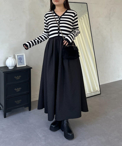 【前後兩穿】珍珠紐扣拼接喇叭連衣裙