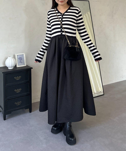 【前後兩穿】珍珠紐扣拼接喇叭連衣裙