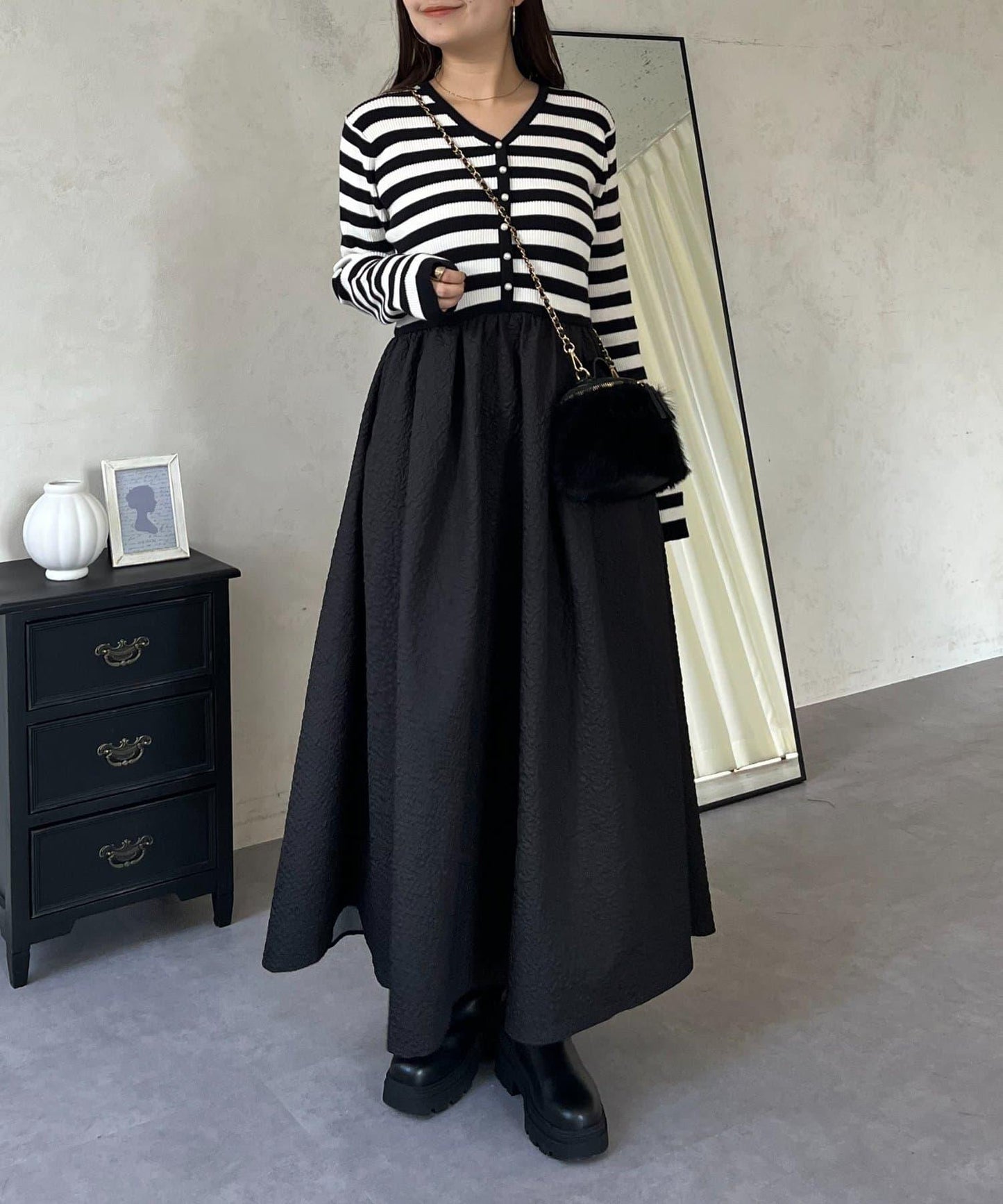 【前後兩穿】珍珠紐扣拼接喇叭連衣裙