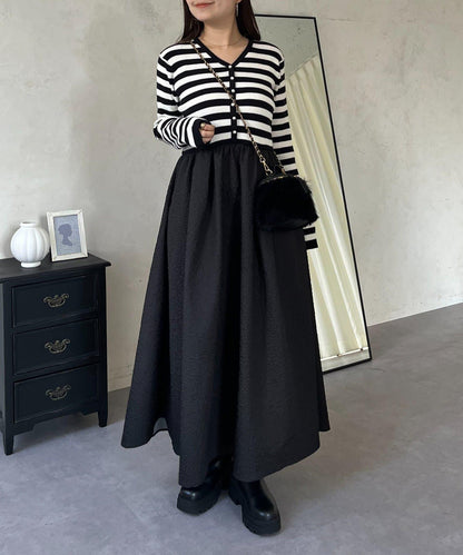 【前後兩穿】珍珠紐扣拼接喇叭連衣裙