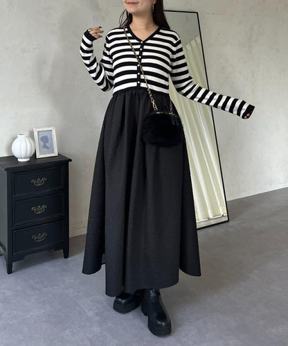 【前後兩穿】珍珠紐扣拼接喇叭連衣裙