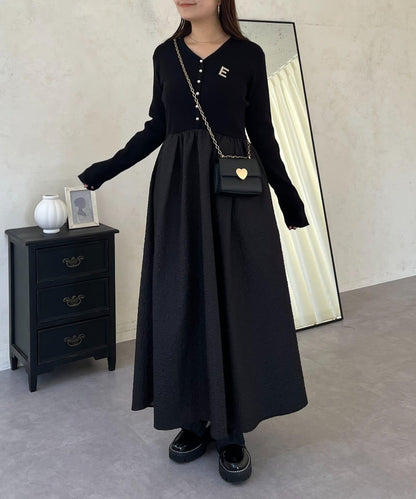 【前後兩穿】珍珠紐扣拼接喇叭連衣裙