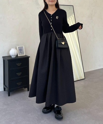 【前後兩穿】珍珠紐扣拼接喇叭連衣裙