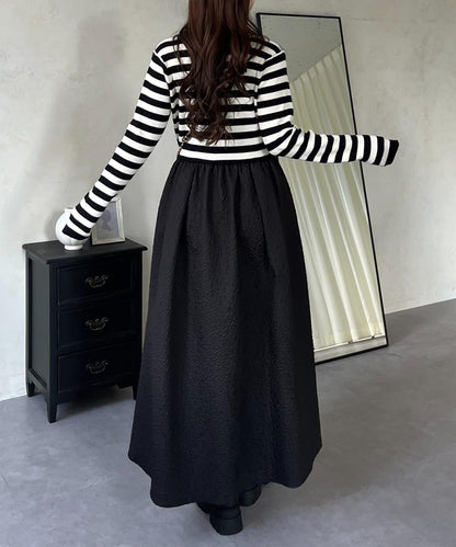 【前後兩穿】珍珠紐扣拼接喇叭連衣裙