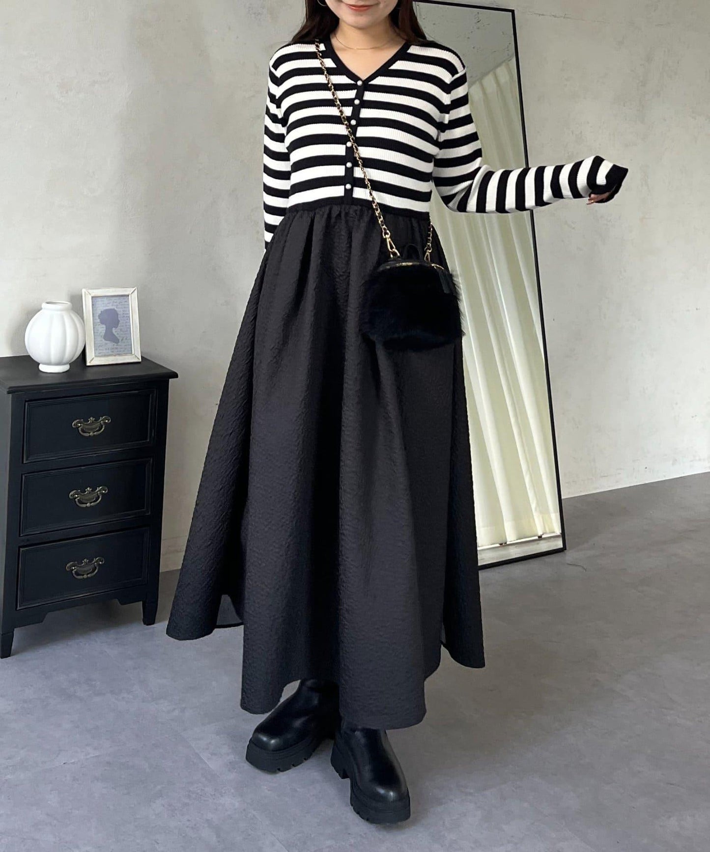 【前後兩穿】珍珠紐扣拼接喇叭連衣裙