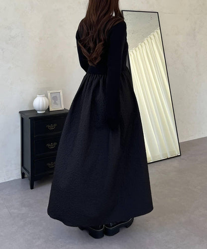 【前後兩穿】珍珠紐扣拼接喇叭連衣裙