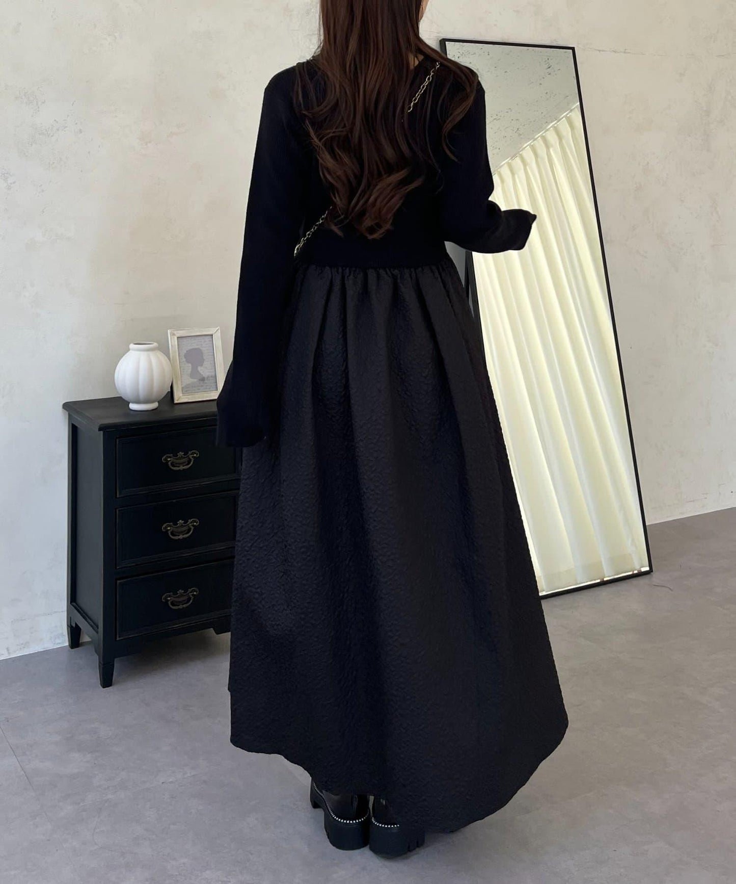 【前後兩穿】珍珠紐扣拼接喇叭連衣裙