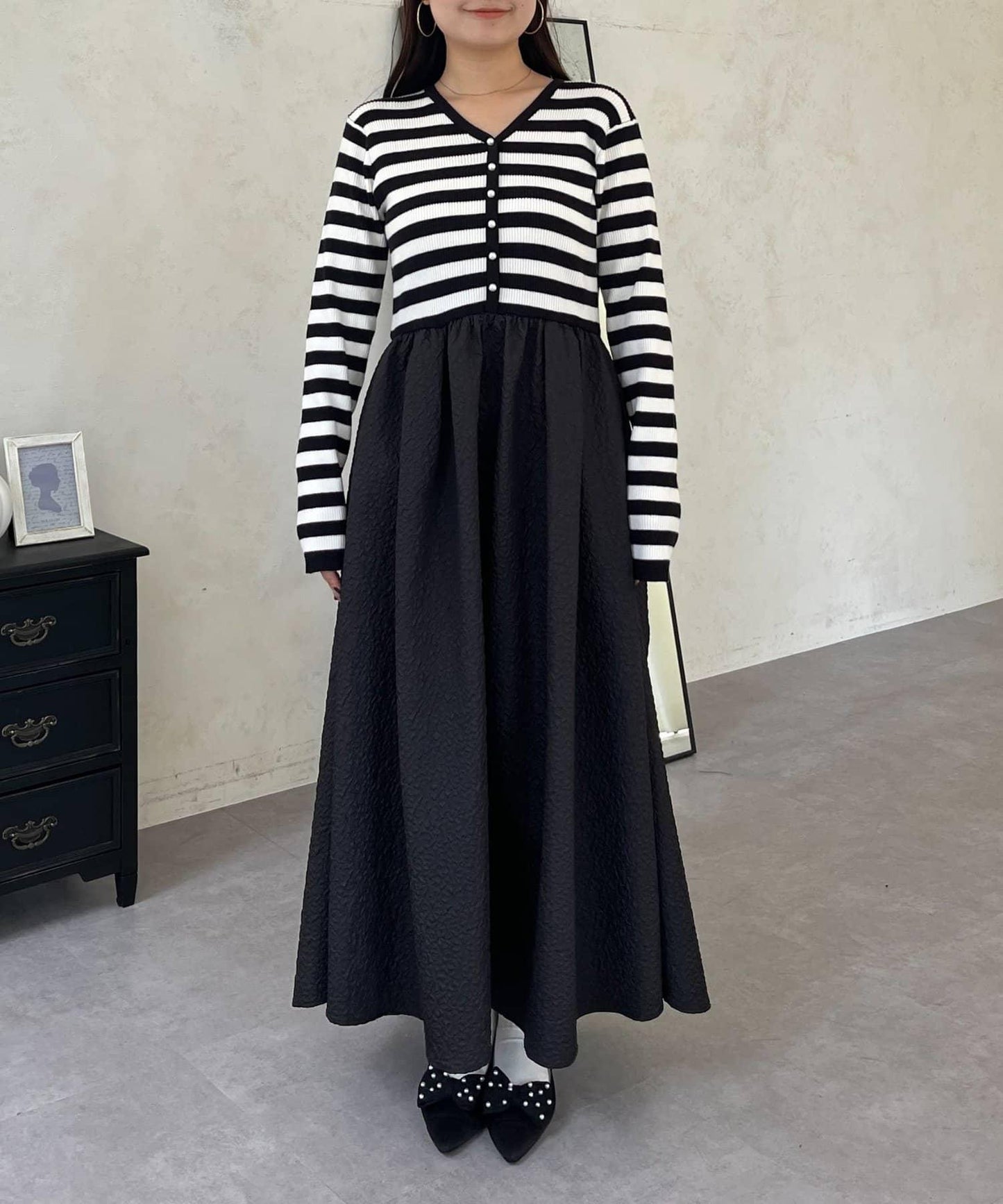 【前後兩穿】珍珠紐扣拼接喇叭連衣裙