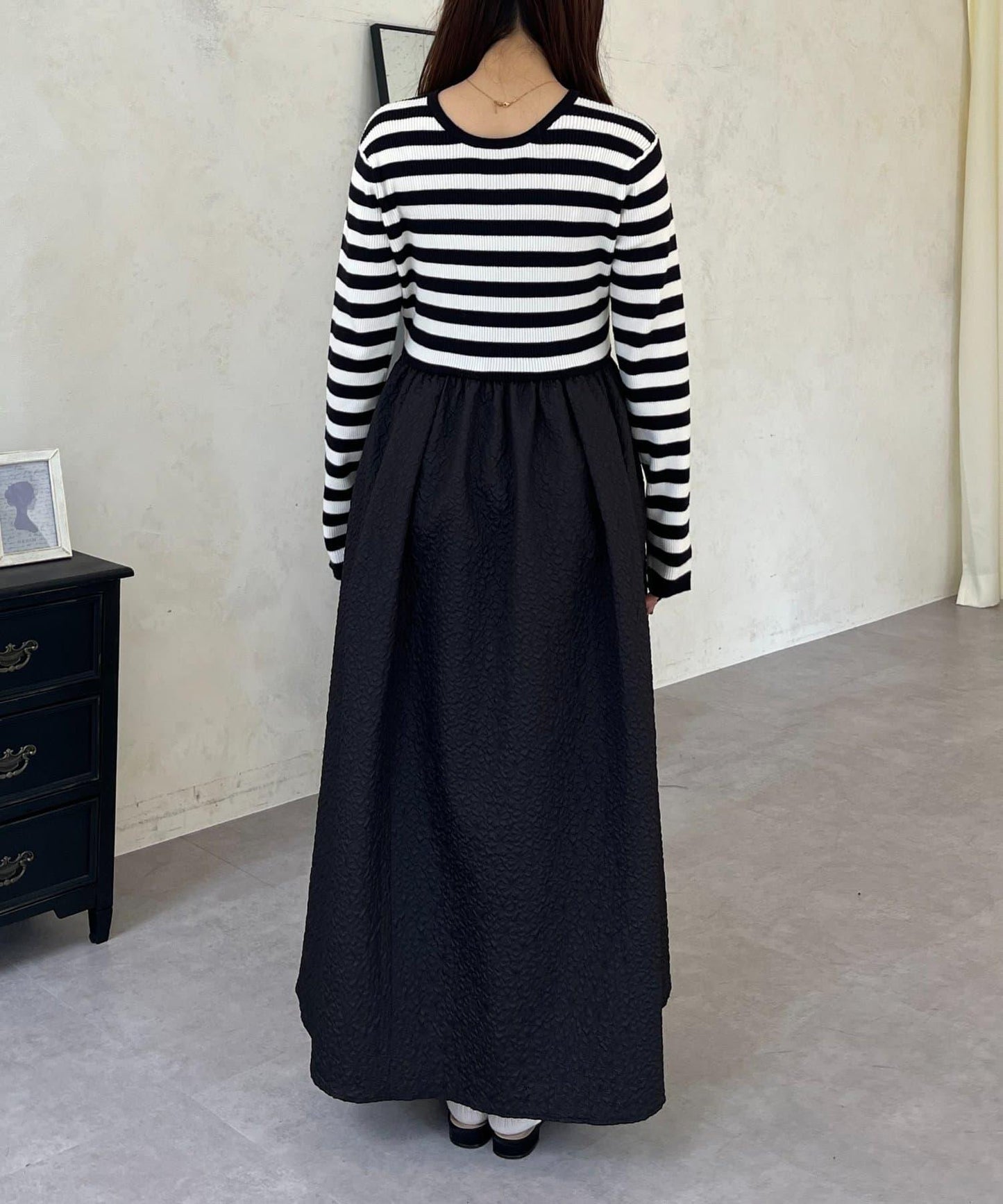 【前後兩穿】珍珠紐扣拼接喇叭連衣裙