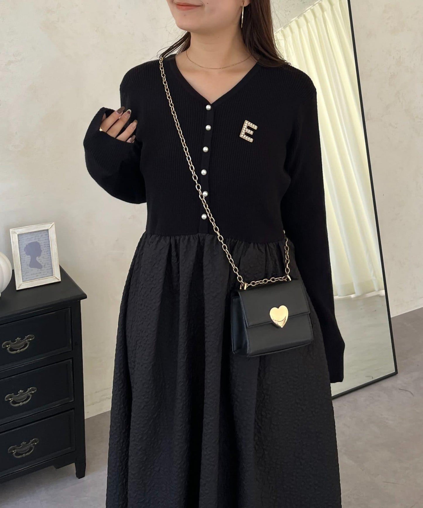 【前後兩穿】珍珠紐扣拼接喇叭連衣裙