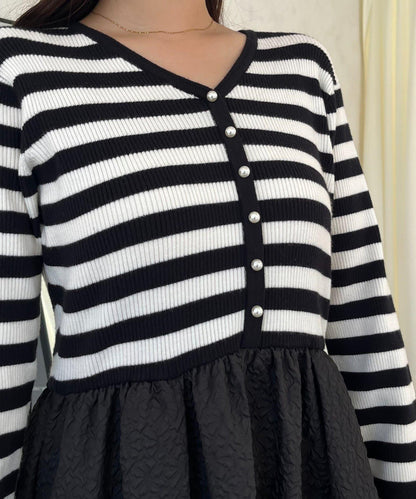 【前後兩穿】珍珠紐扣拼接喇叭連衣裙