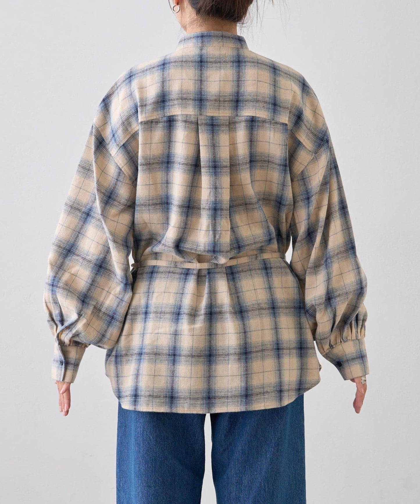 收腰格紋寬鬆襯衫