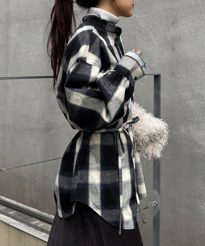 收腰格紋寬鬆襯衫