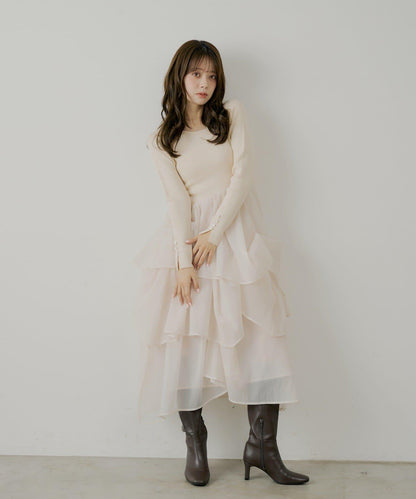 【SALON by Chico】褶皺網紗拼接長款連衣裙