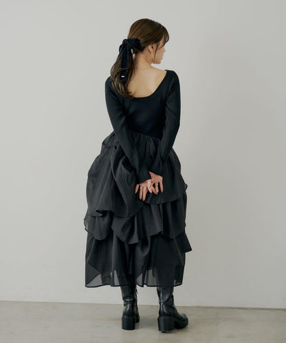 【SALON by Chico】褶皺網紗拼接長款連衣裙