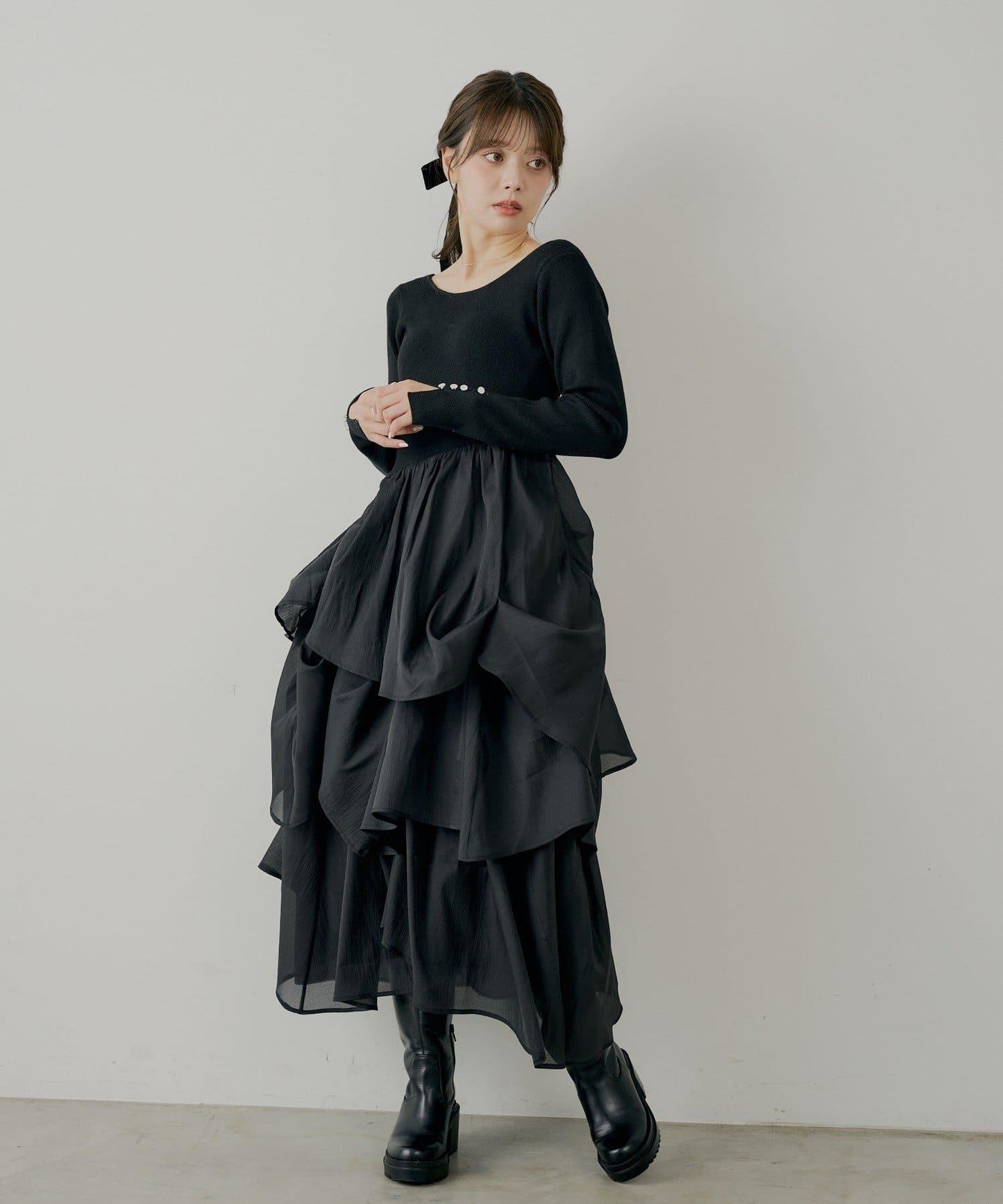 【SALON by Chico】褶皺網紗拼接長款連衣裙