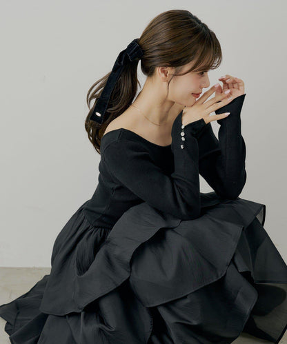 【SALON by Chico】褶皺網紗拼接長款連衣裙