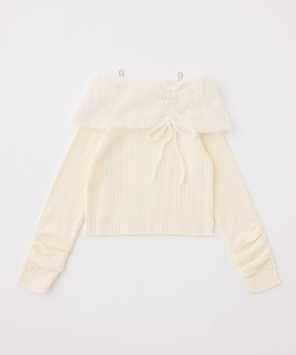 【HolidayCollection】珍珠裝飾露肩針織衫