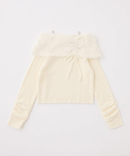 【HolidayCollection】珍珠裝飾露肩針織衫