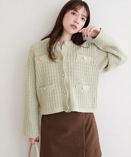 金色紐扣天鵝絨絨線麻花針織開衫