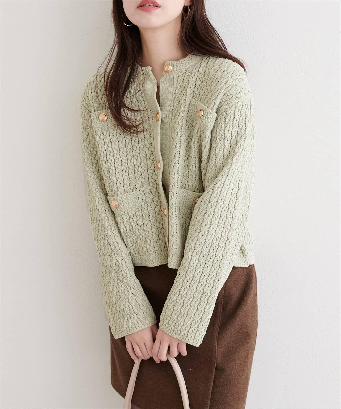 金色紐扣天鵝絨絨線麻花針織開衫