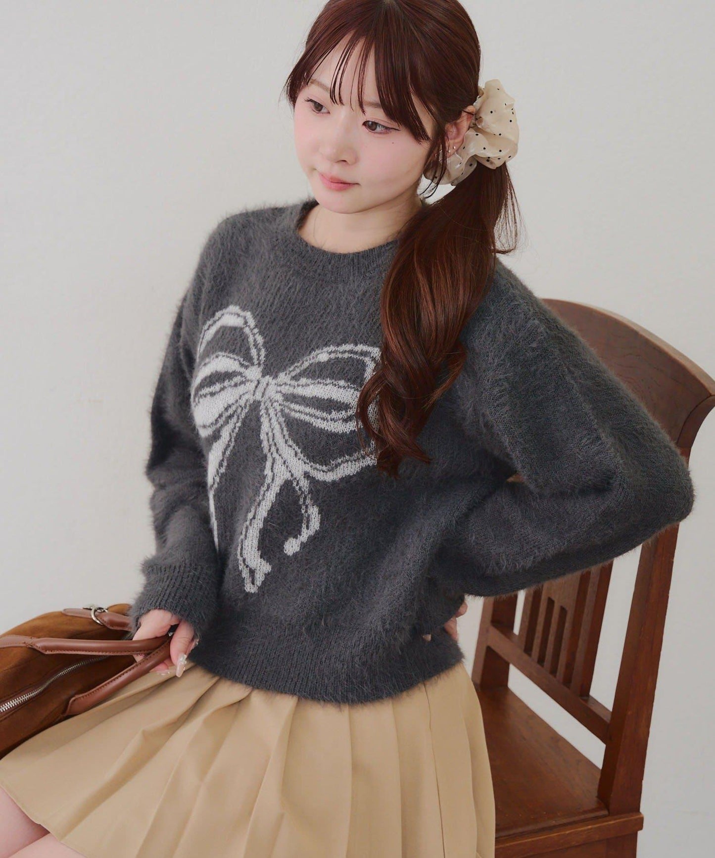 蝴蝶結圖案毛絨針織衫