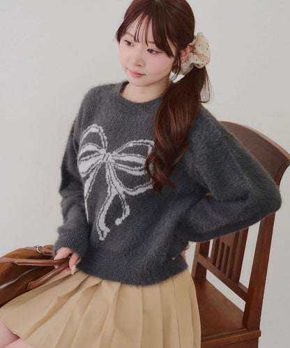 蝴蝶結圖案毛絨針織衫