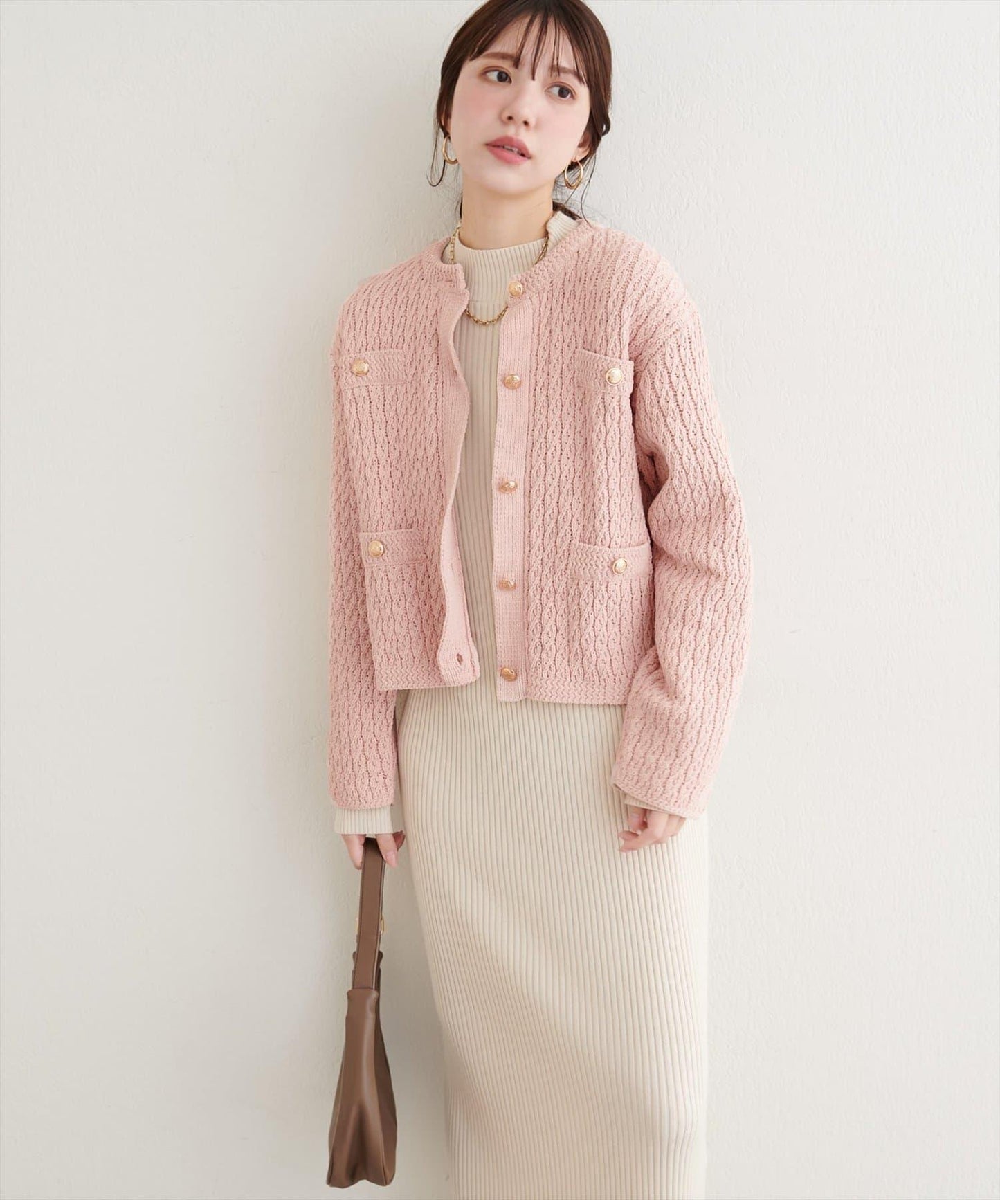 金色紐扣天鵝絨絨線麻花針織開衫