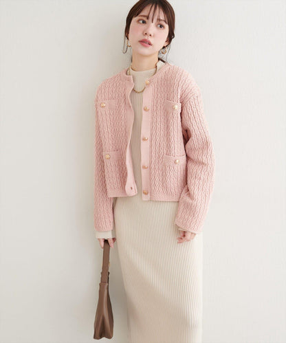 金色紐扣天鵝絨絨線麻花針織開衫