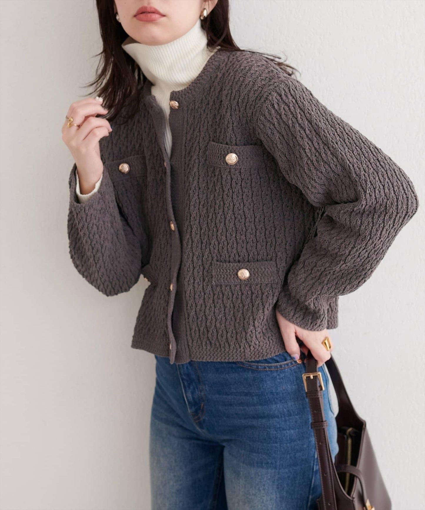 金色紐扣天鵝絨絨線麻花針織開衫