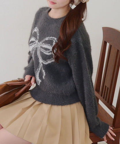 蝴蝶結圖案毛絨針織衫