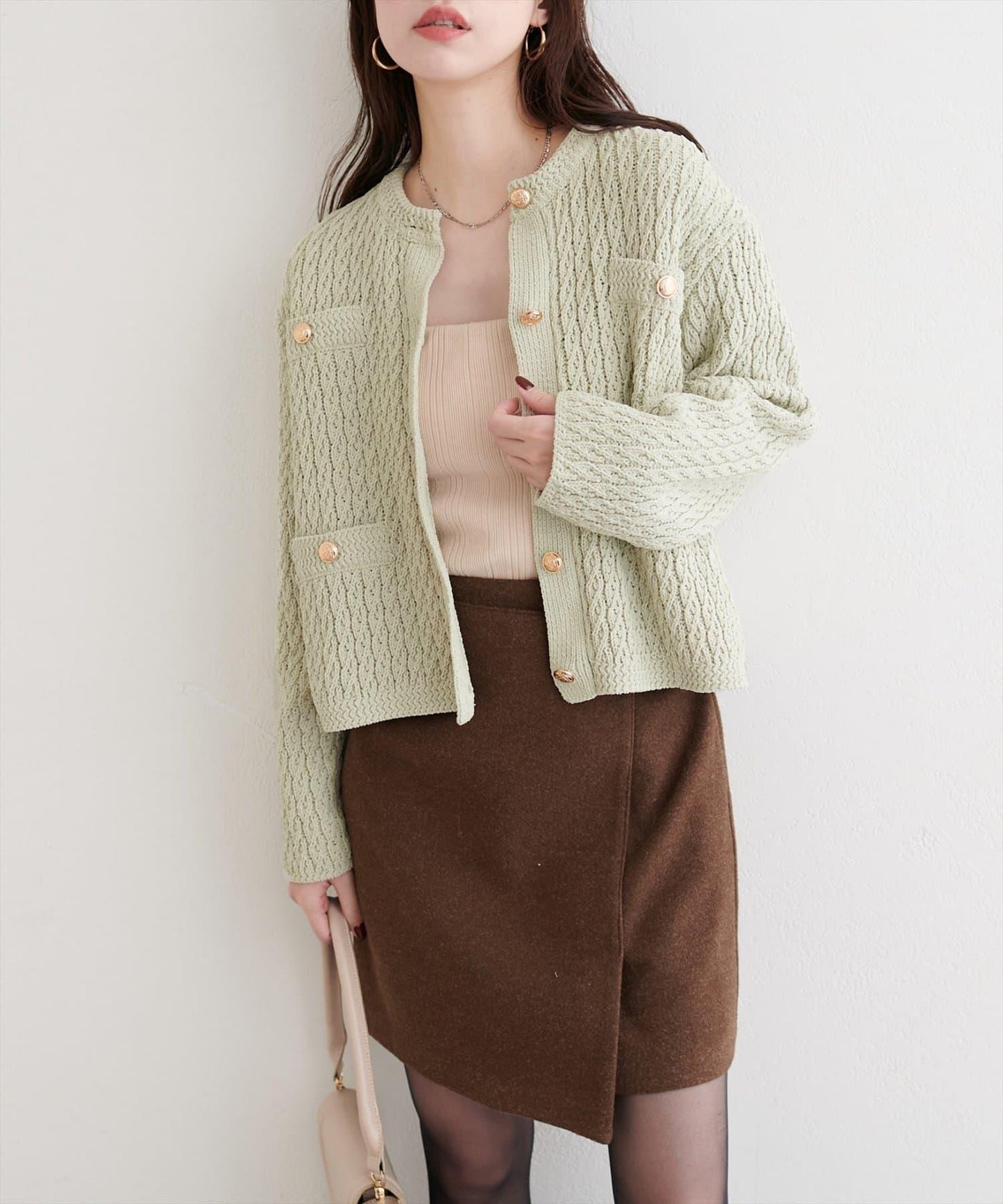 金色紐扣天鵝絨絨線麻花針織開衫