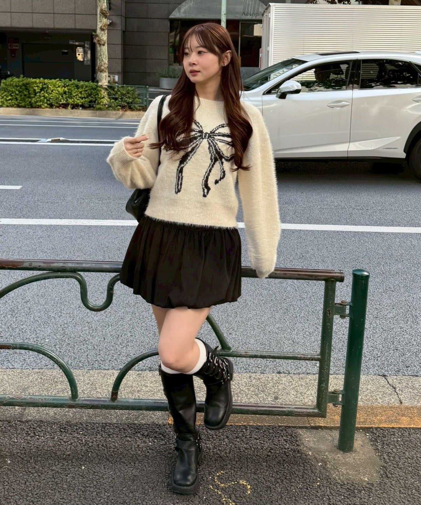 蝴蝶結圖案毛絨針織衫