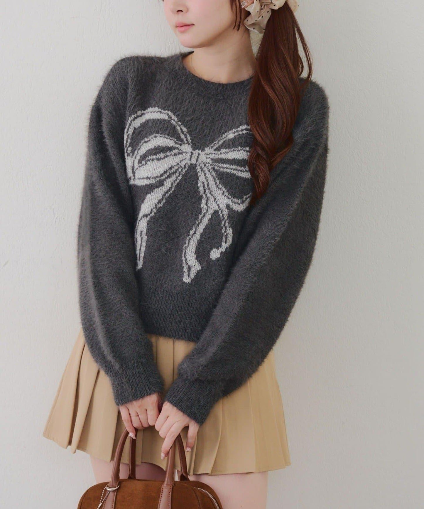 蝴蝶結圖案毛絨針織衫