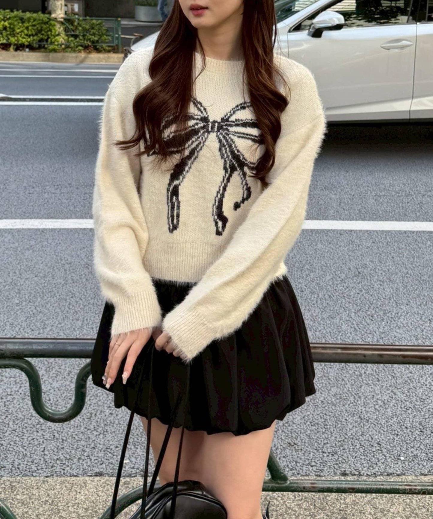 蝴蝶結圖案毛絨針織衫