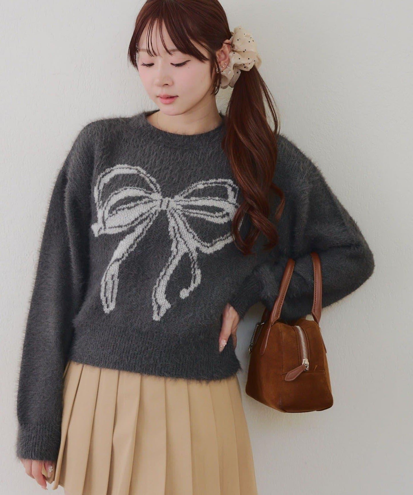 蝴蝶結圖案毛絨針織衫