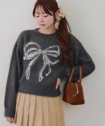 蝴蝶結圖案毛絨針織衫