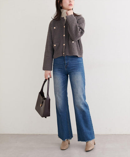 金色紐扣天鵝絨絨線麻花針織開衫