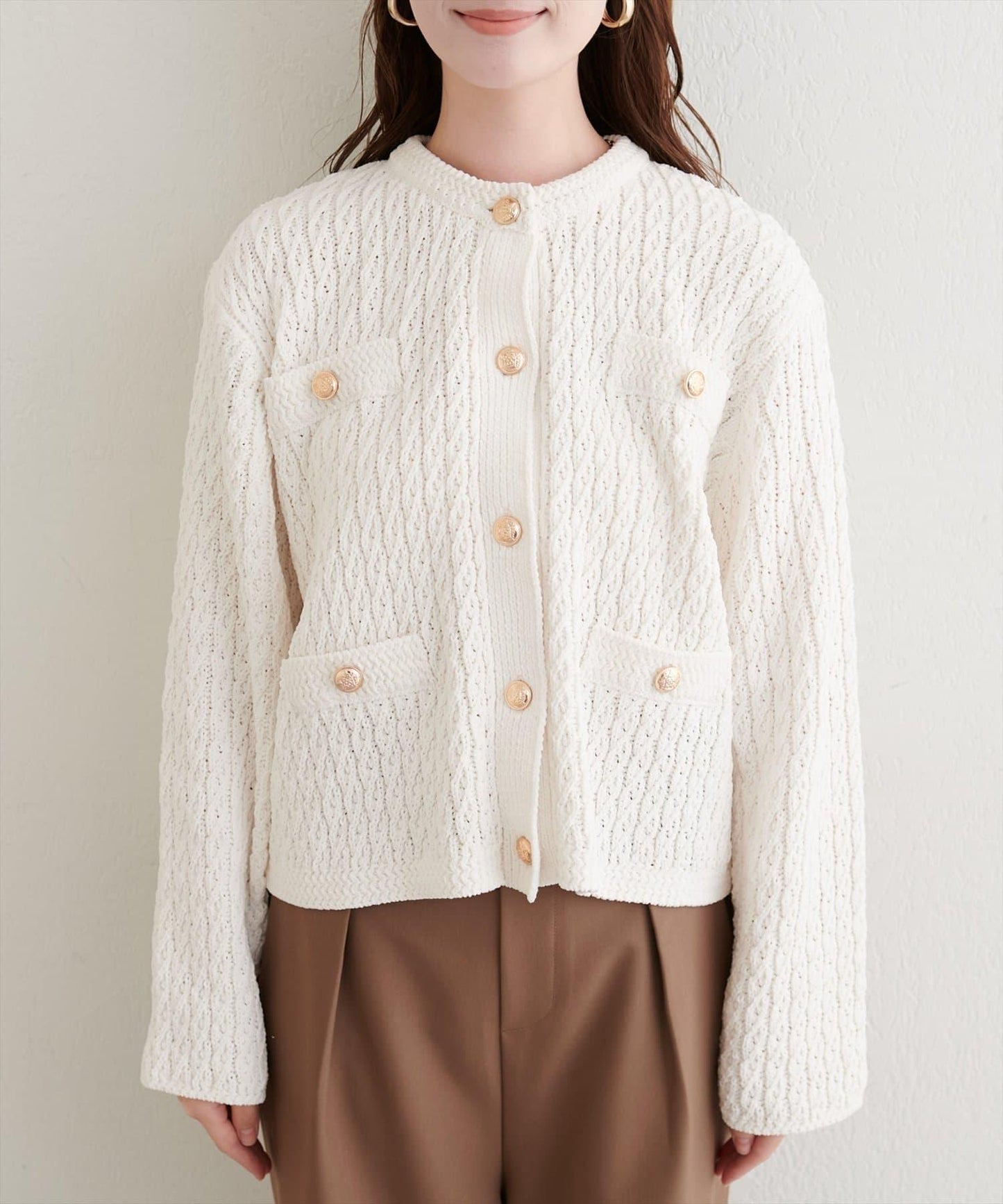 金色紐扣天鵝絨絨線麻花針織開衫