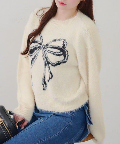 蝴蝶結圖案毛絨針織衫