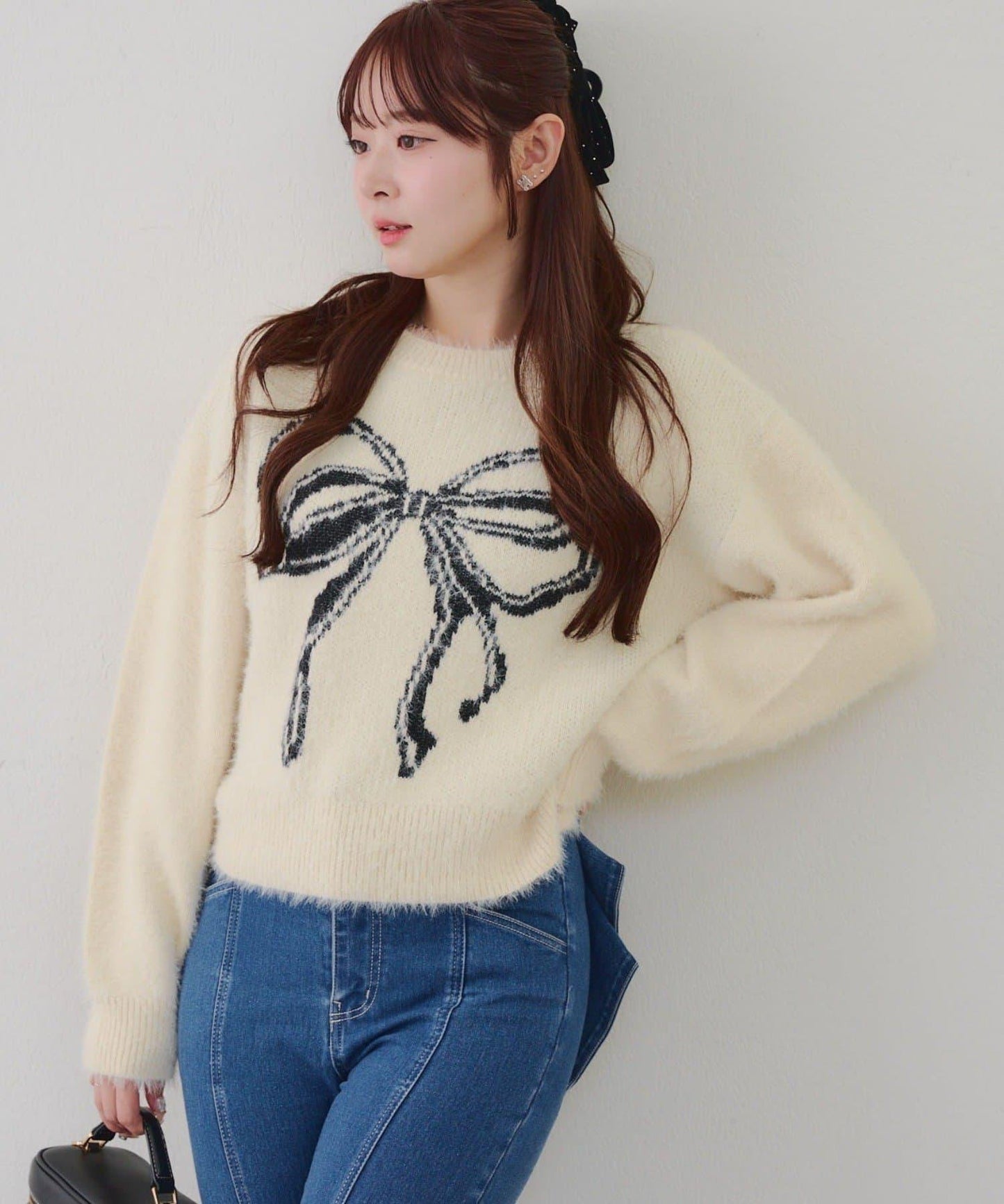 蝴蝶結圖案毛絨針織衫