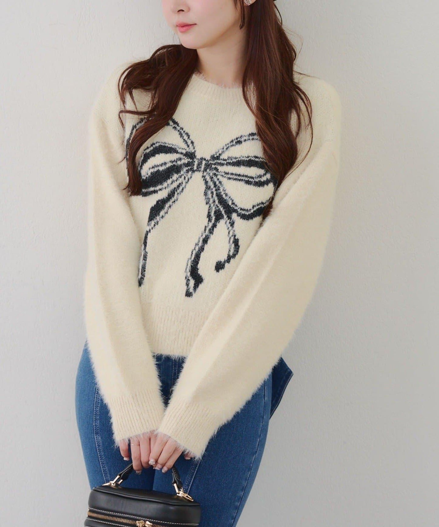 蝴蝶結圖案毛絨針織衫