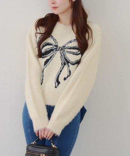 蝴蝶結圖案毛絨針織衫