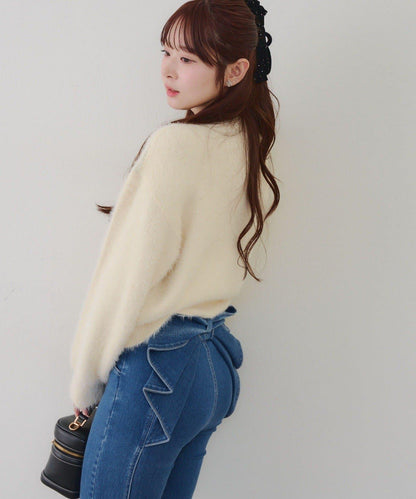 蝴蝶結圖案毛絨針織衫