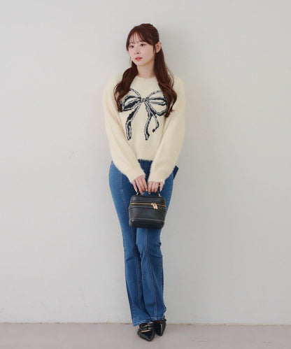 蝴蝶結圖案毛絨針織衫