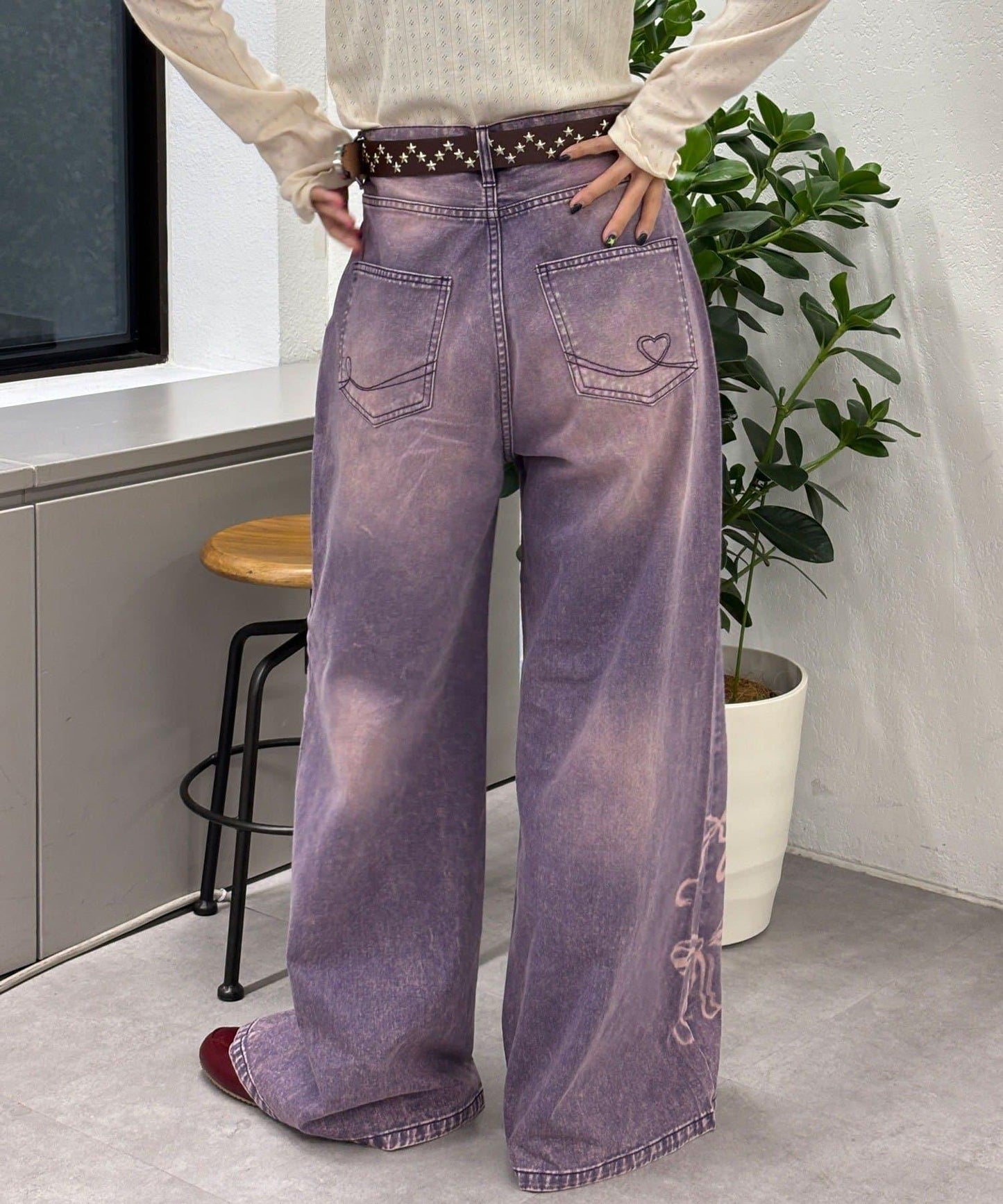 蝴蝶結拔染印花牛仔褲