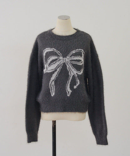 蝴蝶結圖案毛絨針織衫
