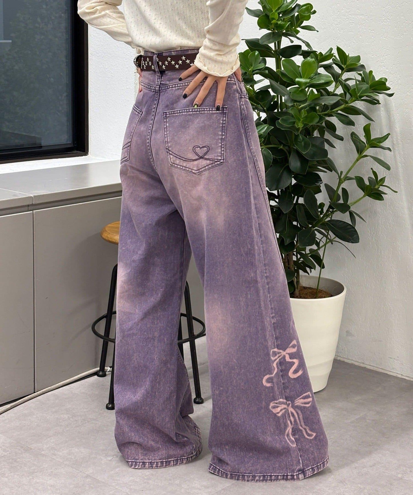 蝴蝶結拔染印花牛仔褲